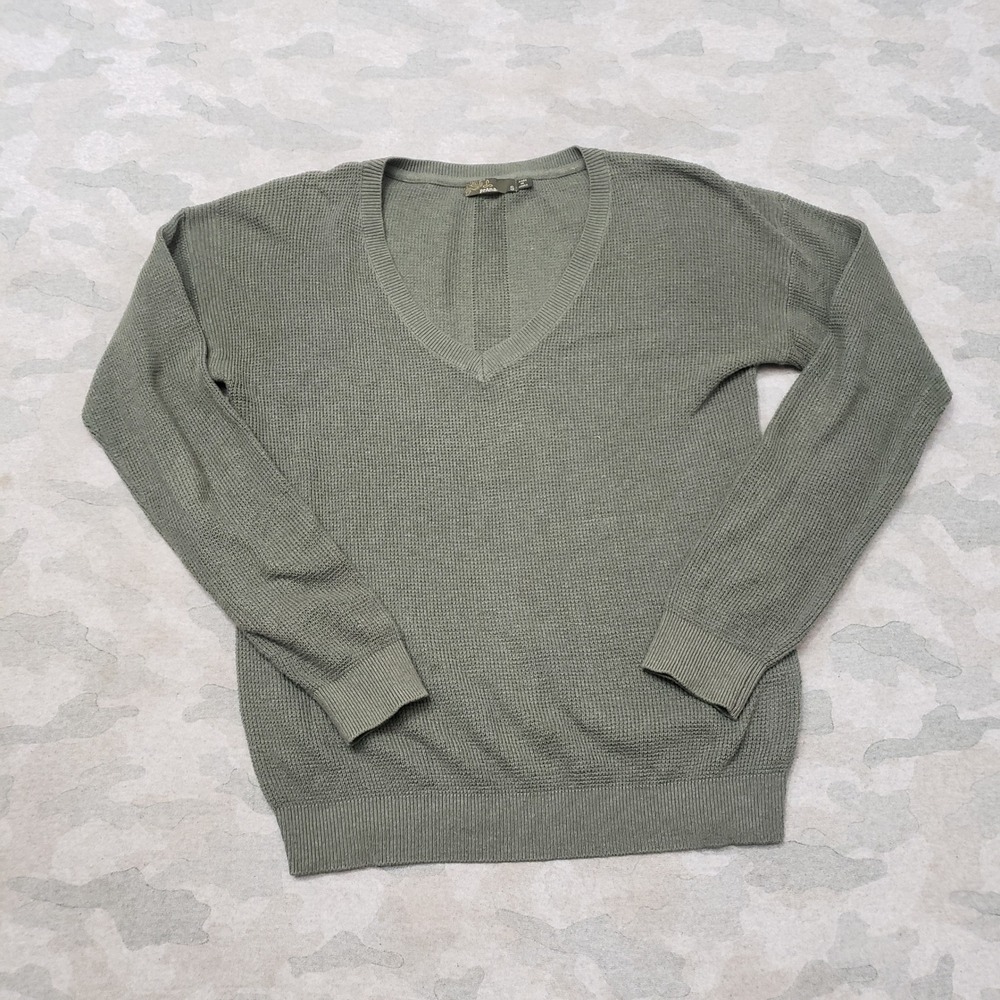 Prana Sweater Womens Small Green V-Neck Waffle Knit Long Sleeve Pullover